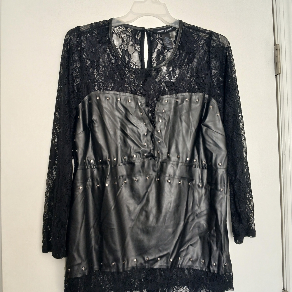 New! Ashley Stewart Black Lace & Faux Leather Studded Long Sleeve Top 20